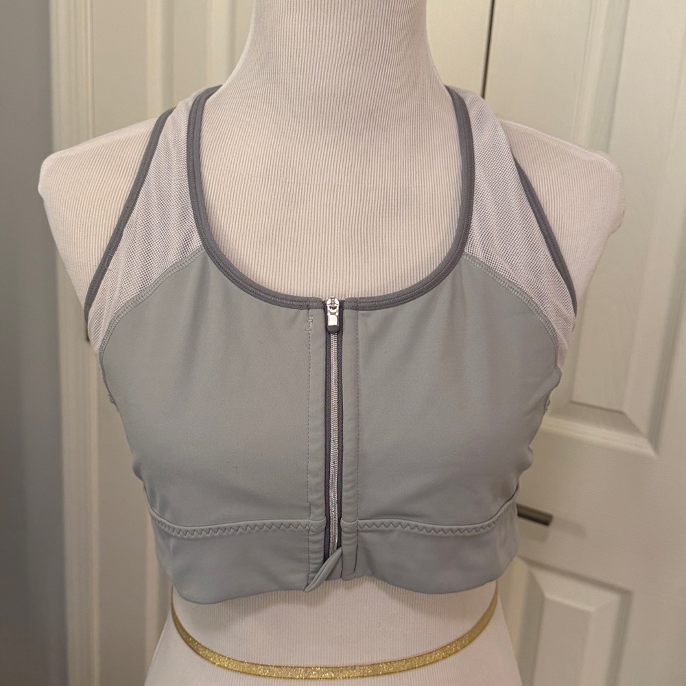 Athleta Zip It Grey and White Racerback Sports Bra with Mesh